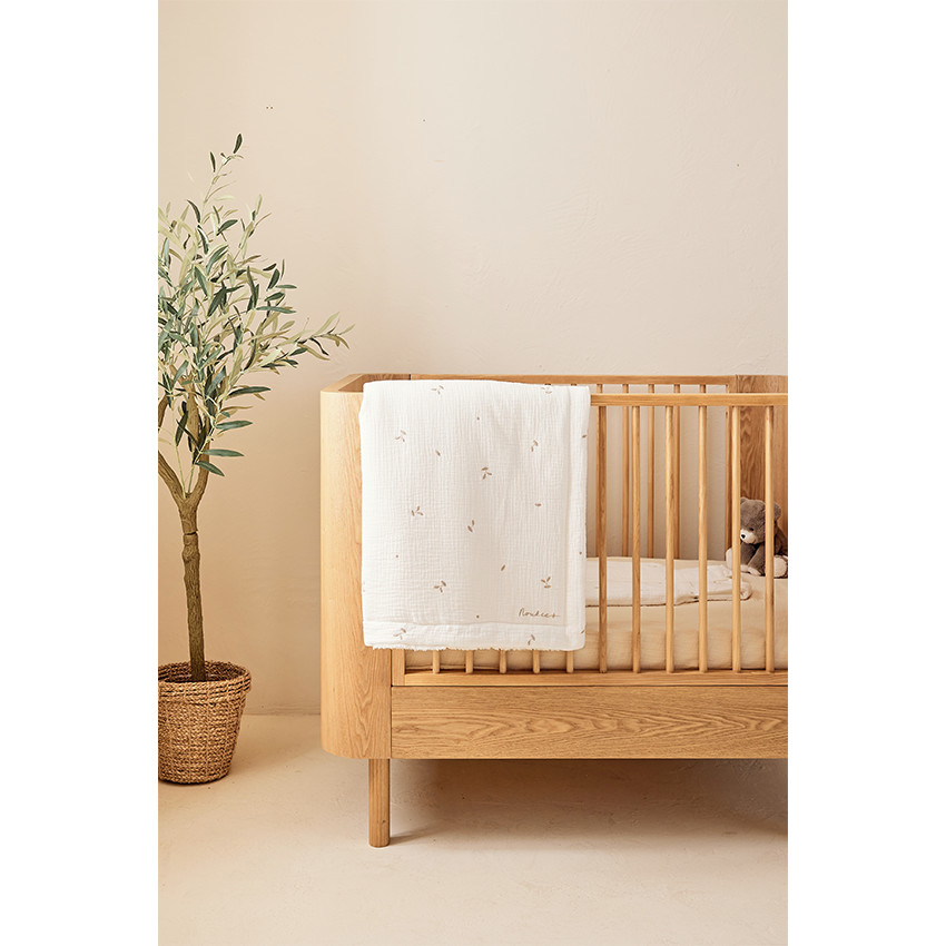 Deken geborduurd bladeren 100x140cm Mousseline & Sherpa Wit  