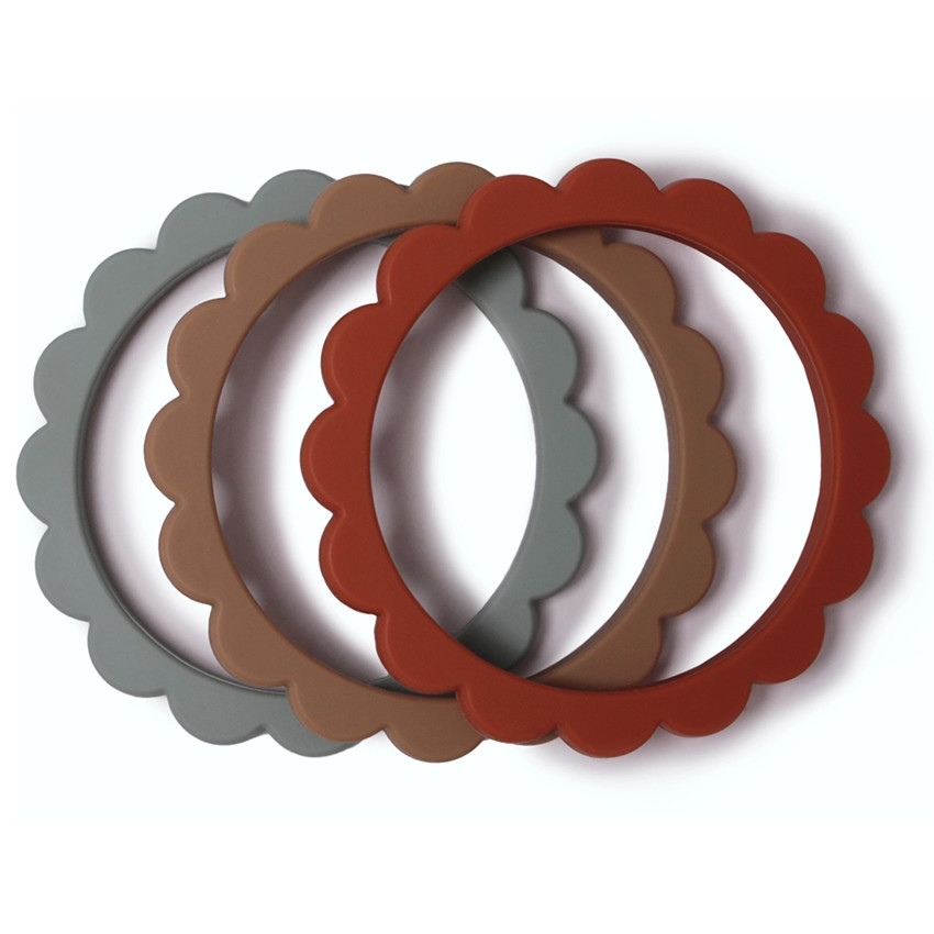 Anneau de dention bracelet Fleurs 100% Silicone Cambridge Blue/Clémentine/Natural 3pcs 