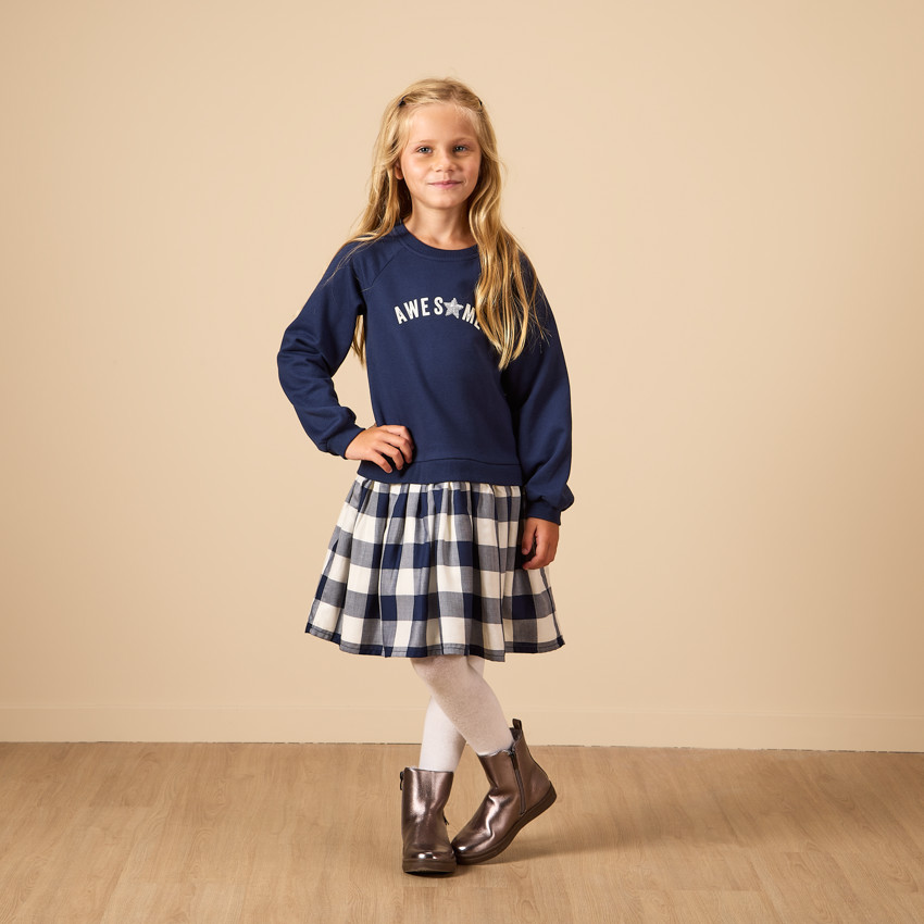 Lange mouwen bi-materiaal jurk met geruite onderkant voor meisjes 