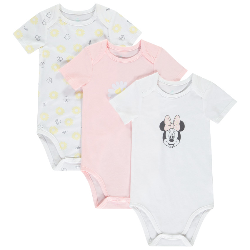 Lot de 3 bodies manches courtes Minnie Disney pour bébé fille avec ouvertures différentes selon l'âge 