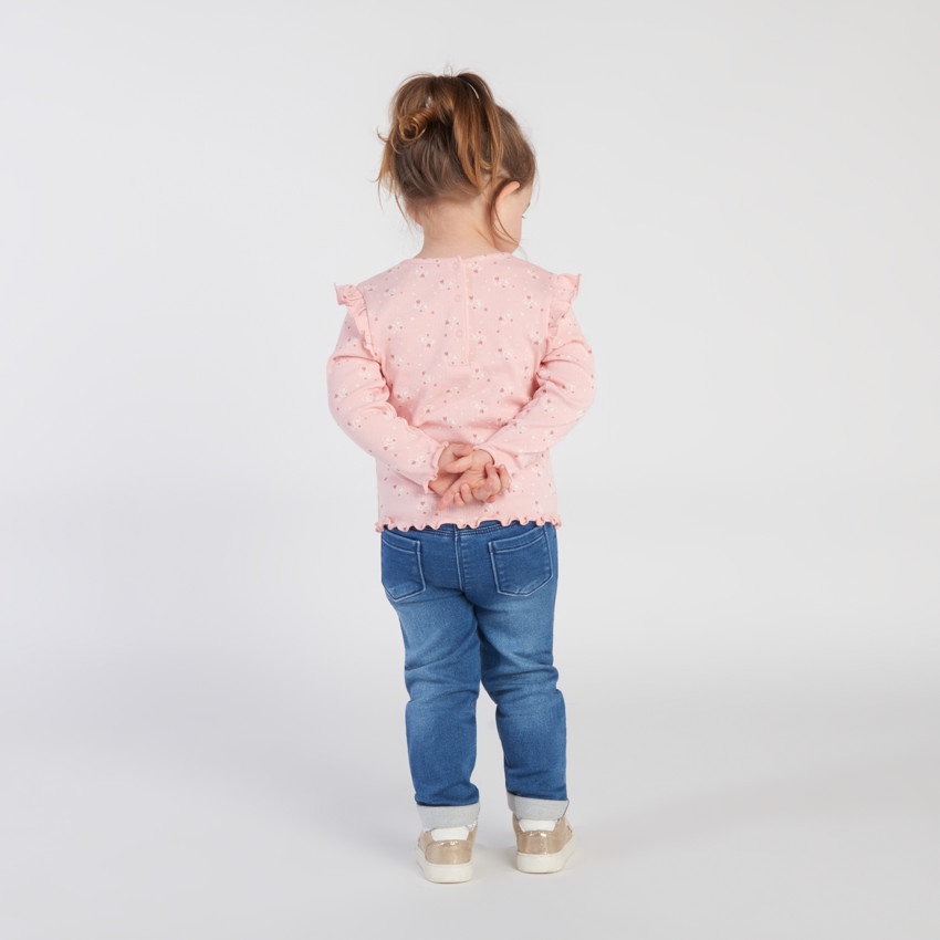T-shirt met lange mouwen, roze met kleine hartjesprint en ruches voor meisjes 