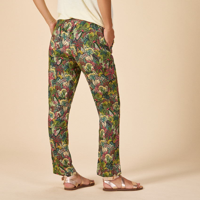 Pantalon large et fluide avec ceinture à nouer imprimé feuillage pour femme 