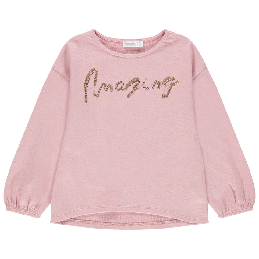 Sweat rose à inscription en sequins dorés et manches ballon 