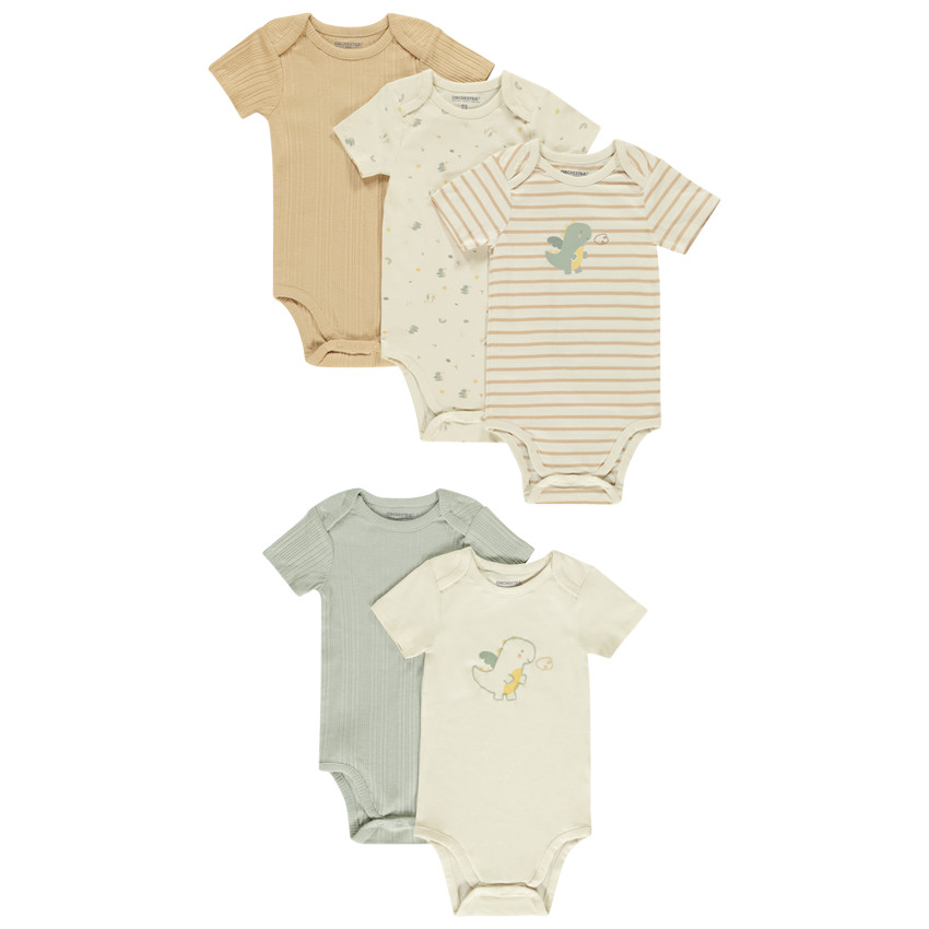 Lot de 5 bodies manches courtes fantaisie pour bébé garçon avec ouvertures différentes selon l'âge 