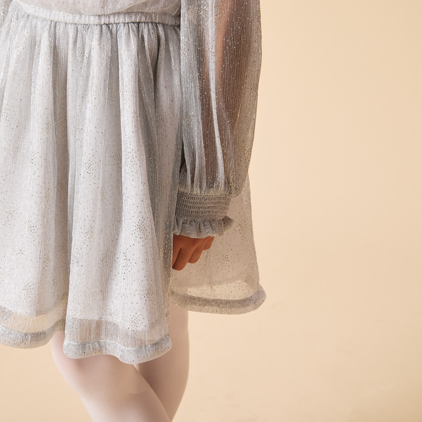 Robe de fête argentée à manches longues bouffantes pour fille 