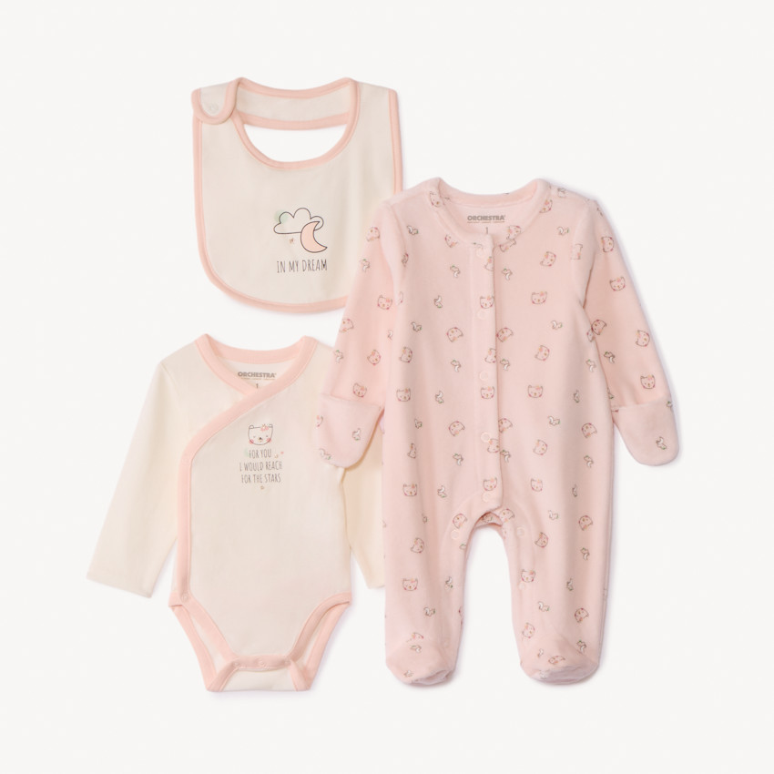 Set naissance 3 pièces motifs ours/lune pour bébé fille 