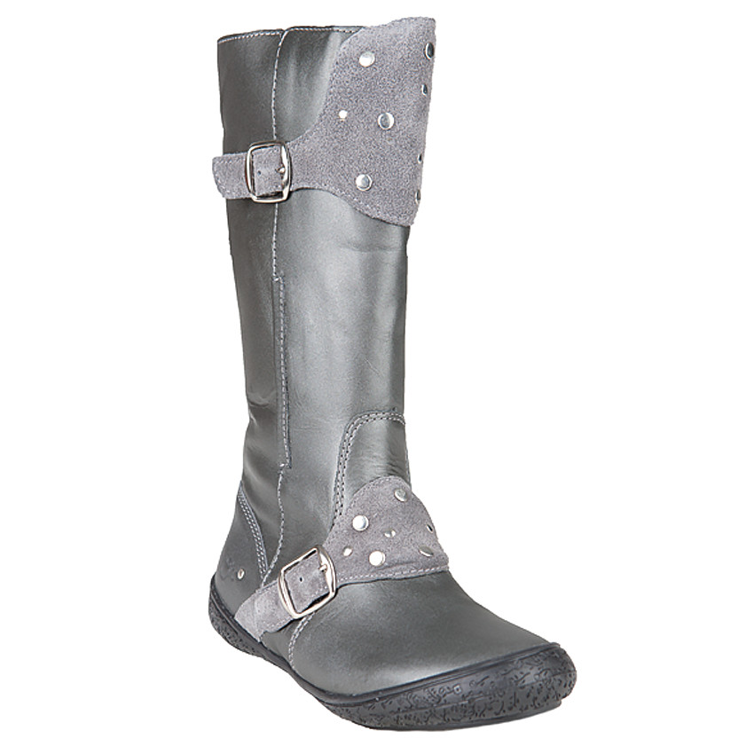 Bottes grises en cuir avec boucles et rivets 