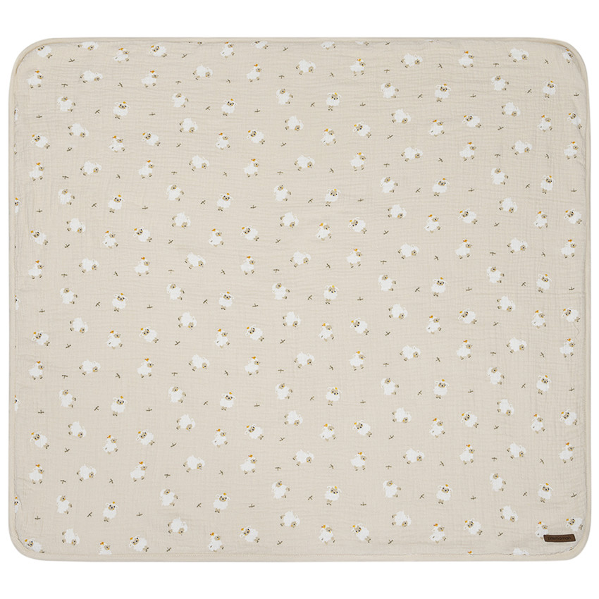 Couverture bi-matière 80 x 80 cm imprimé moutons La Vie à la Ferme beige 