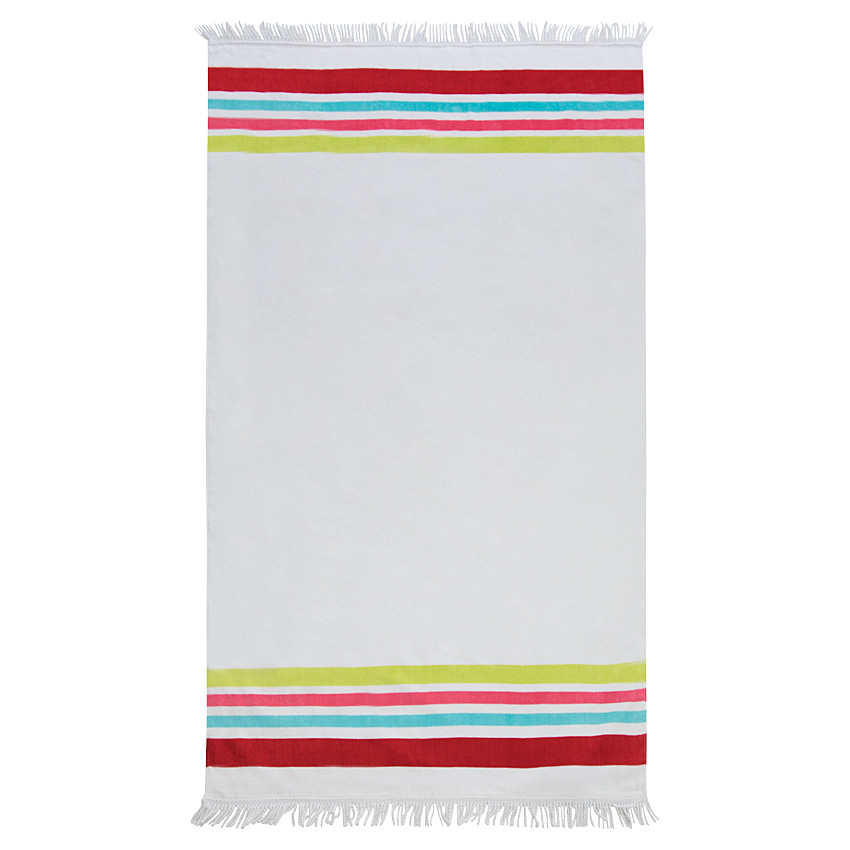 Strandlaken met contrasterende strepen en franjes. 