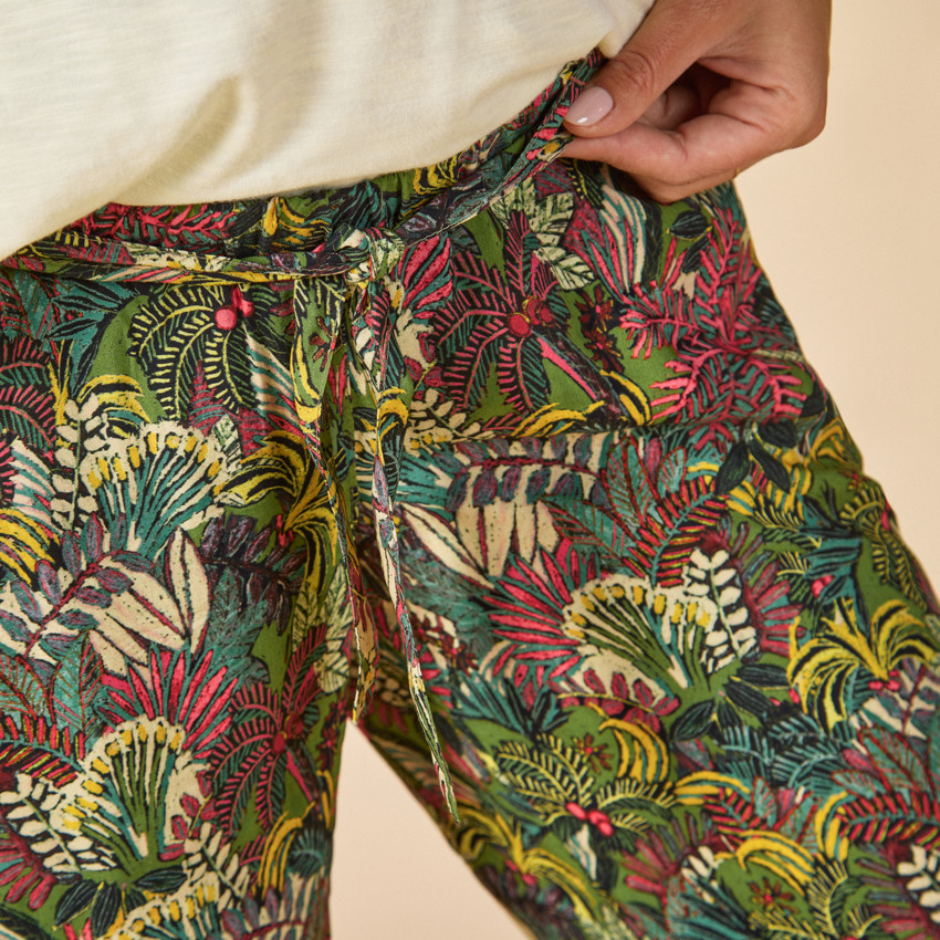 Pantalon large et fluide avec ceinture à nouer imprimé feuillage pour femme 
