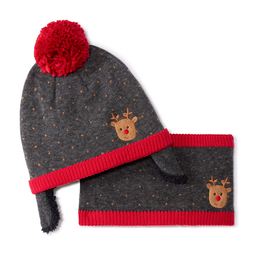 Set bonnet + snood avec pompon et reine brodé pour bébé garçon 