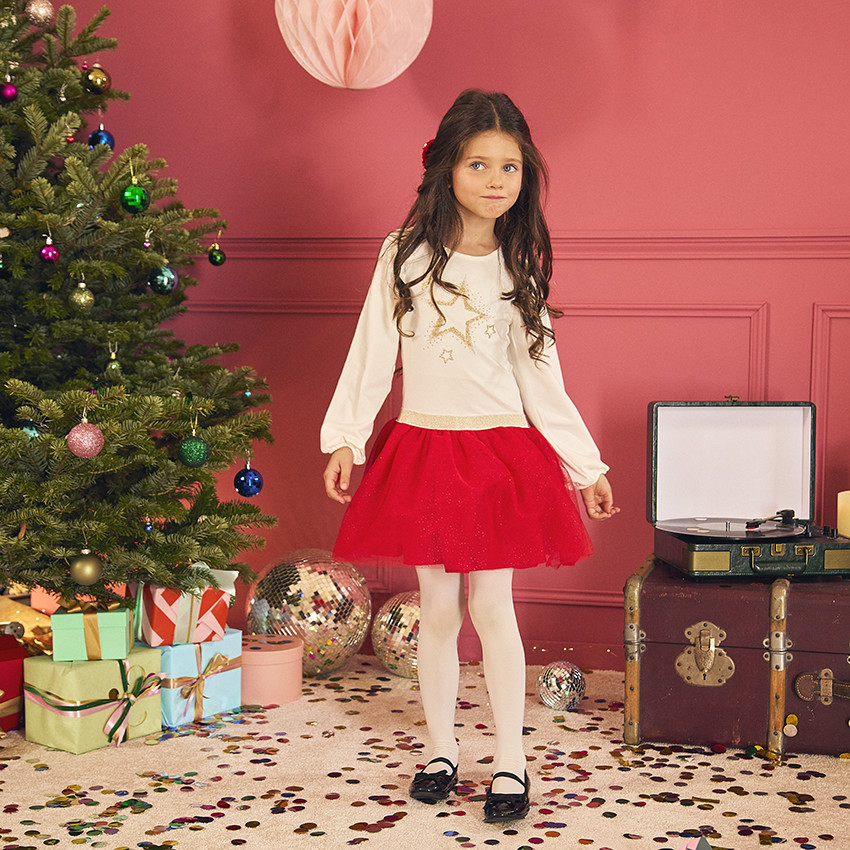 Robe de fête manches longues effet 2 en 1 bi-matière pour fille 