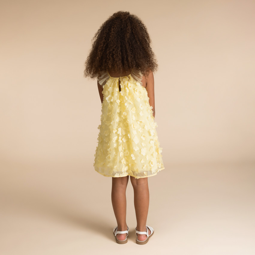 Robe uni en tulle et satin avec petites fleurs 3D pour fille  