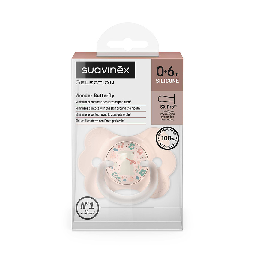 Sucette physiologique en silicone SX PRO Wonderland Butterfly 0-6 mois décorée en rose 