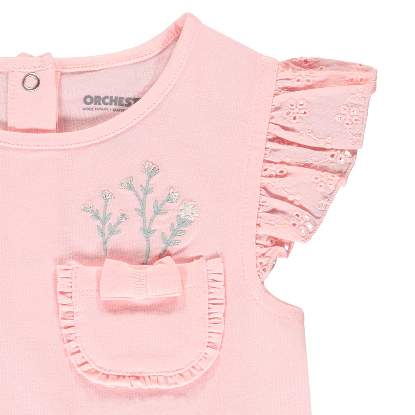 Korte mouwen T-shirt met geborduurde zak voor baby meisje 