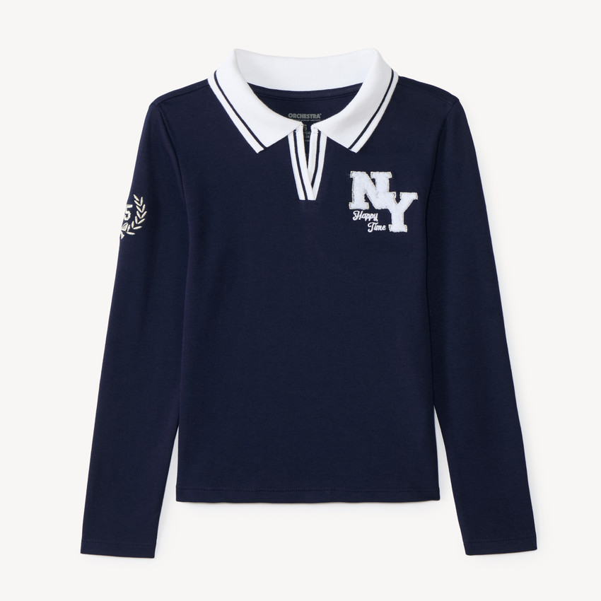 T-shirt fille manches longues style polo uniforme patch "NY" 