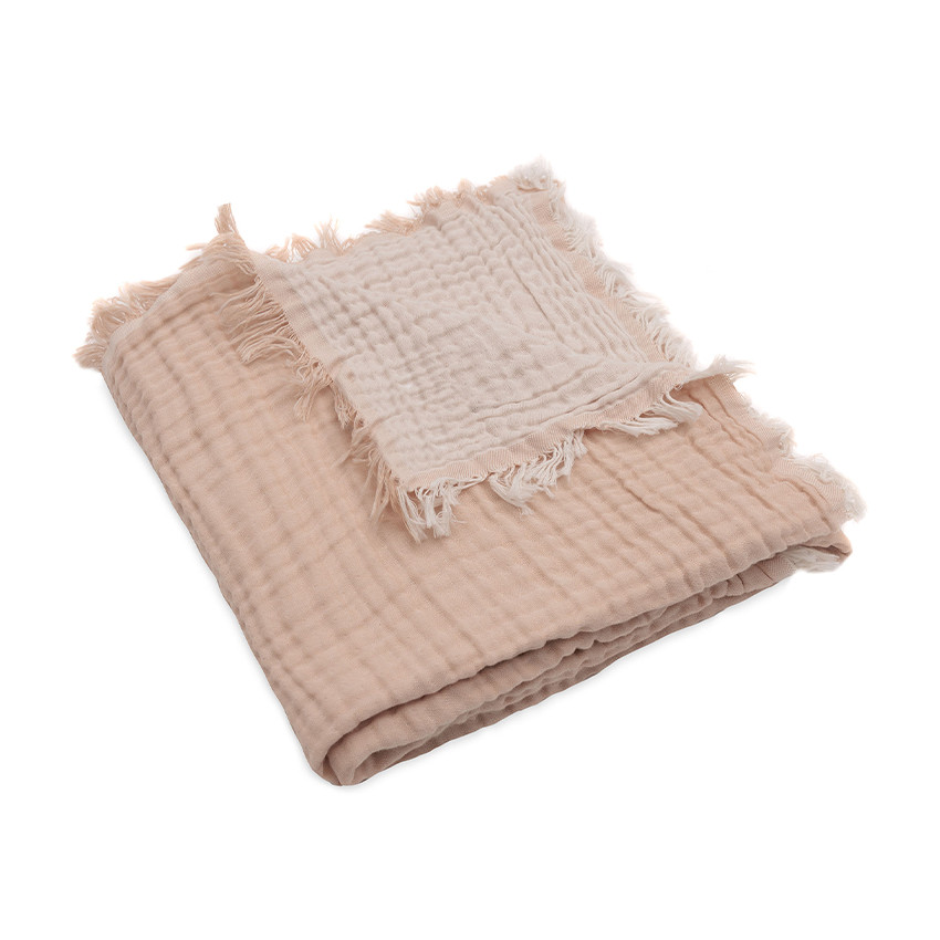 Couverture en gaze 120 x 120 cm à franges moonstone/ivory 