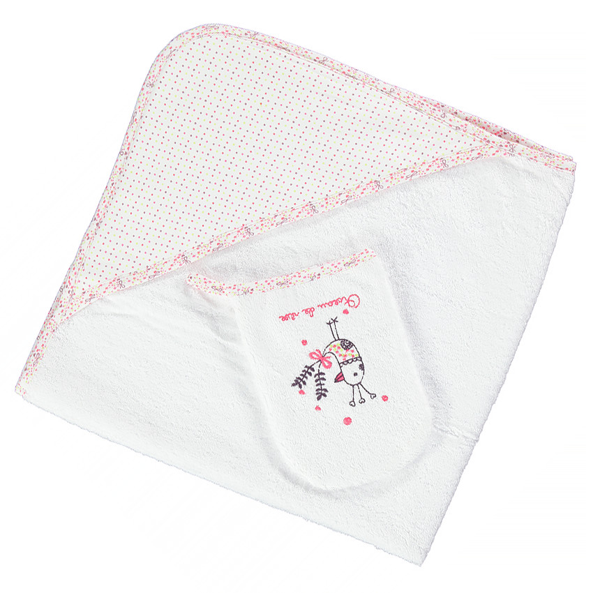 Set de bain cape/gant en coton éponge patch oiseau 