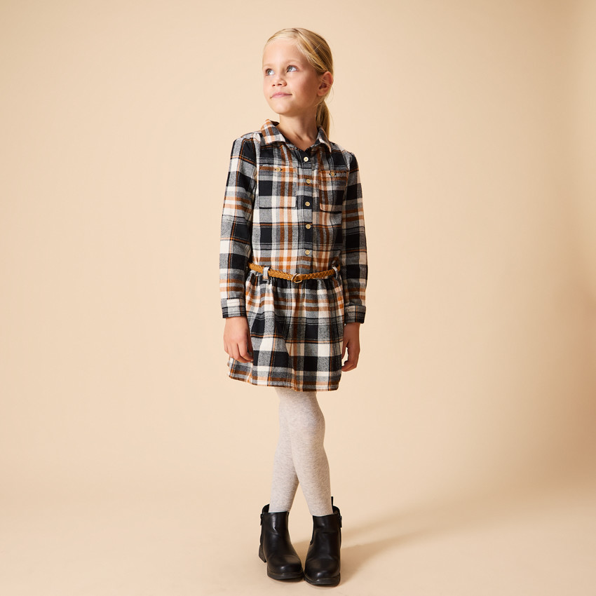 Robe chemise manches longues ceinturée à carreaux pour fille 