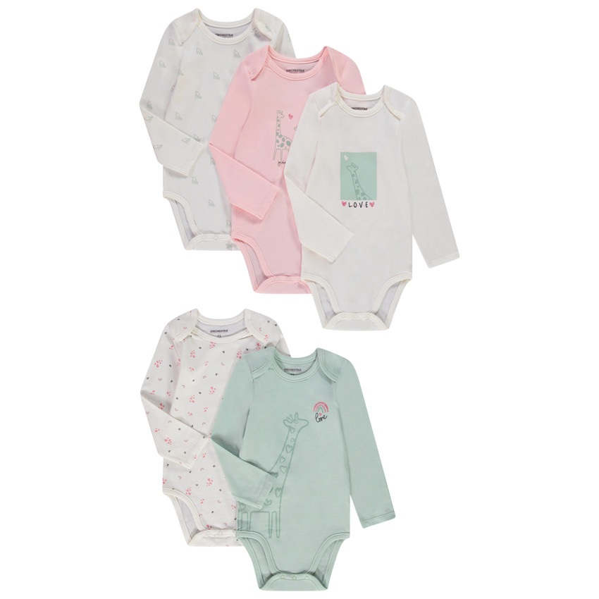 Set van 5 lange mouwen rompers voor meisjes met verschillende openingen afhankelijk van de leeftijd 