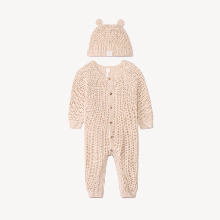 Lange jumpsuit met muts in gebreid, effen voor baby 