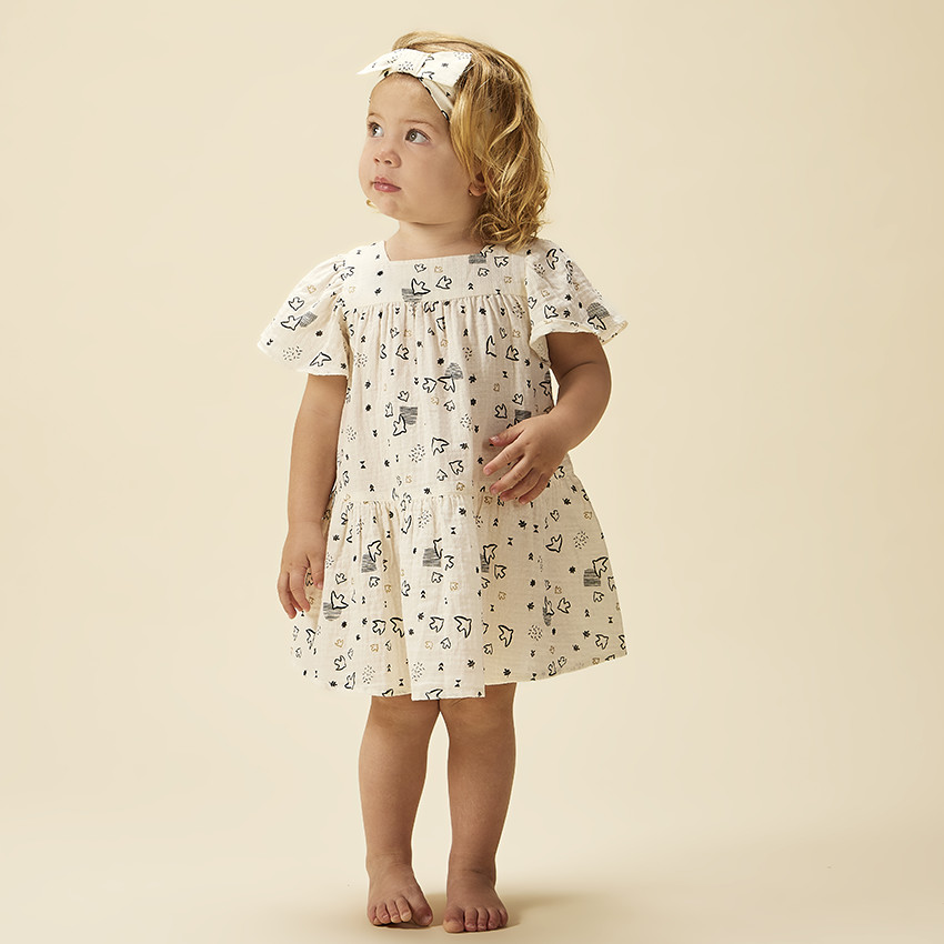 Robe manches courtes imprimé oiseaux pour bébé fille 