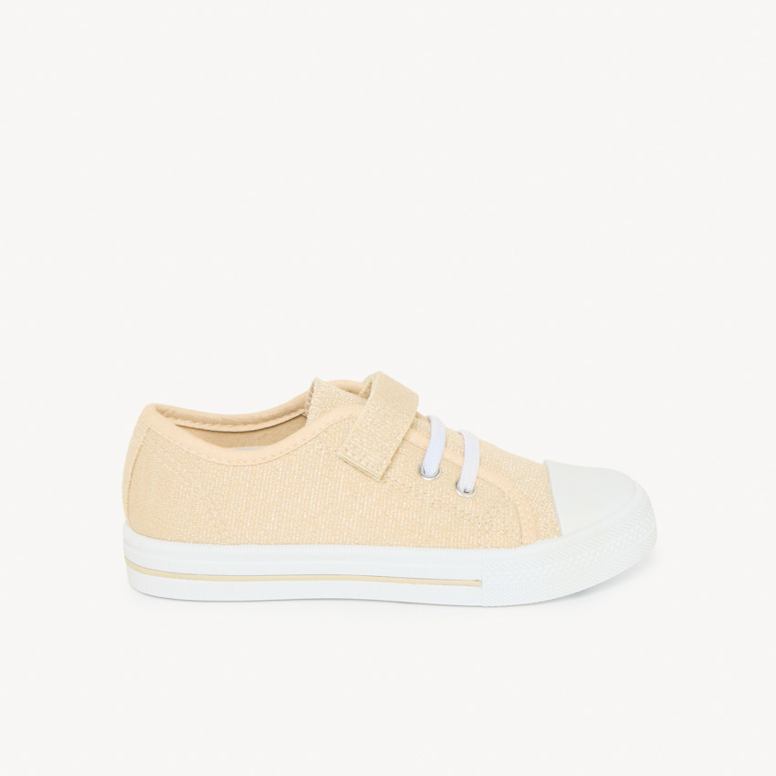 Lage sneakers van gouden stof met klittenband voor meisjes 