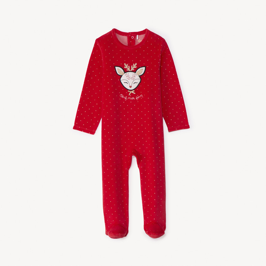 Dors-bien en velours avec patch brodé cerf et imprimé pois pour bébé fille 