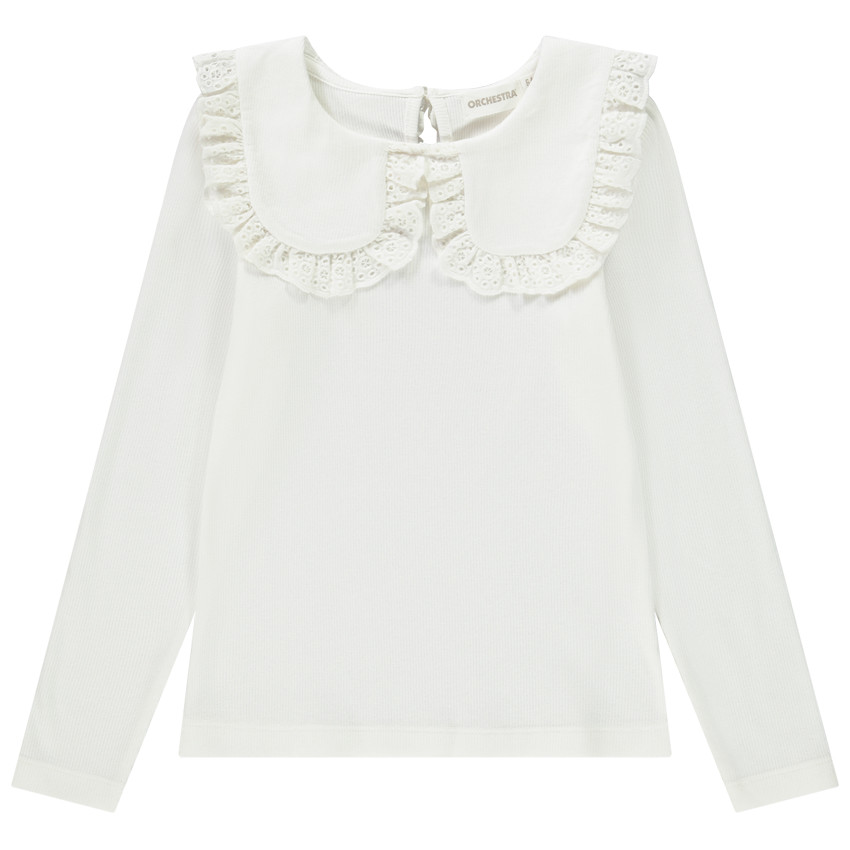 Lange rib T-shirt met geborduurde halslijn voor meisjes 