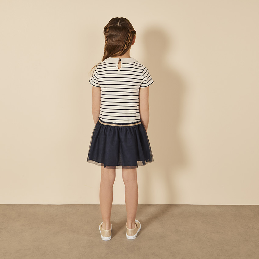 Robe manches courtes bi-matière effet 2 en 1 rayée pour fille 