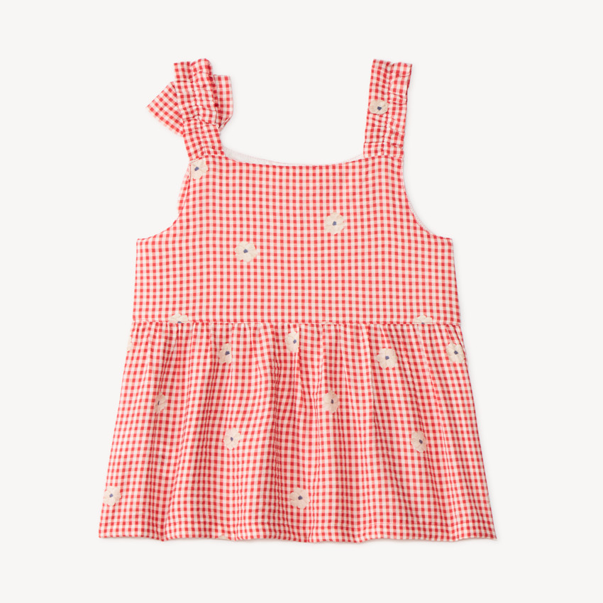 Top fille vichy nœud épaule et broderie fleurie 