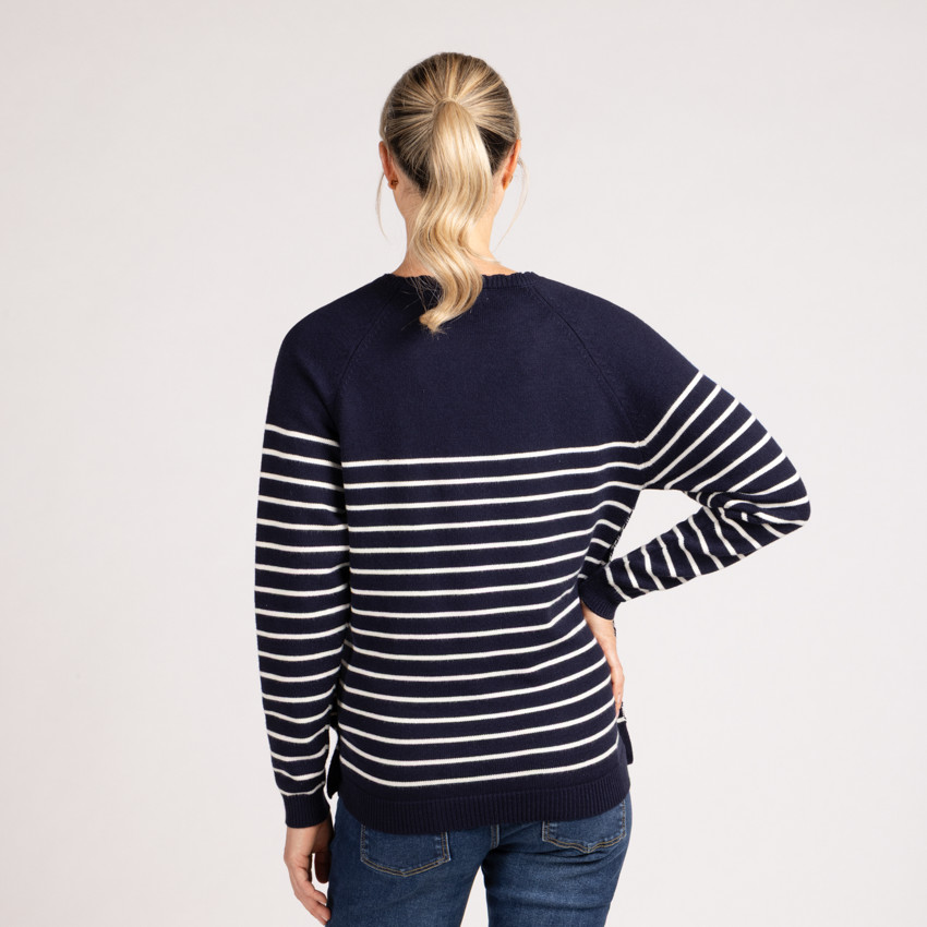 Trui voor borstvoeding in gestreept gebreid met fantasiekraag 