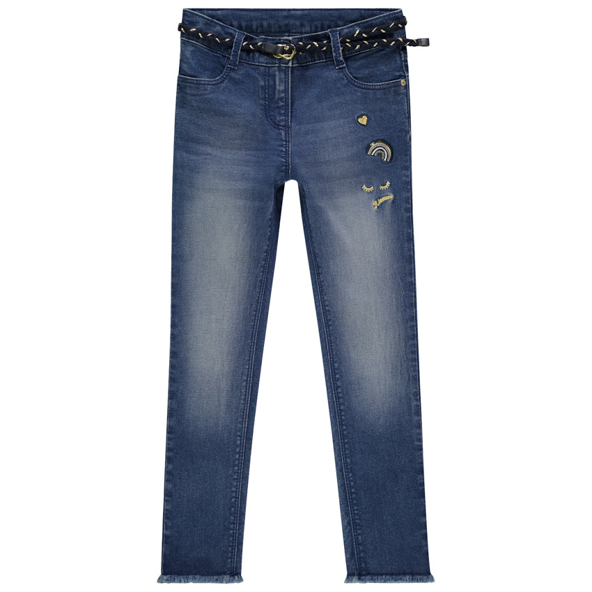 Jean slim à broderies et ceinture pour enfant fille 