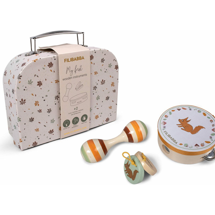 VALISETTE AVEC 3 INSTRUMENTS MUSICAUX EN BOIS  