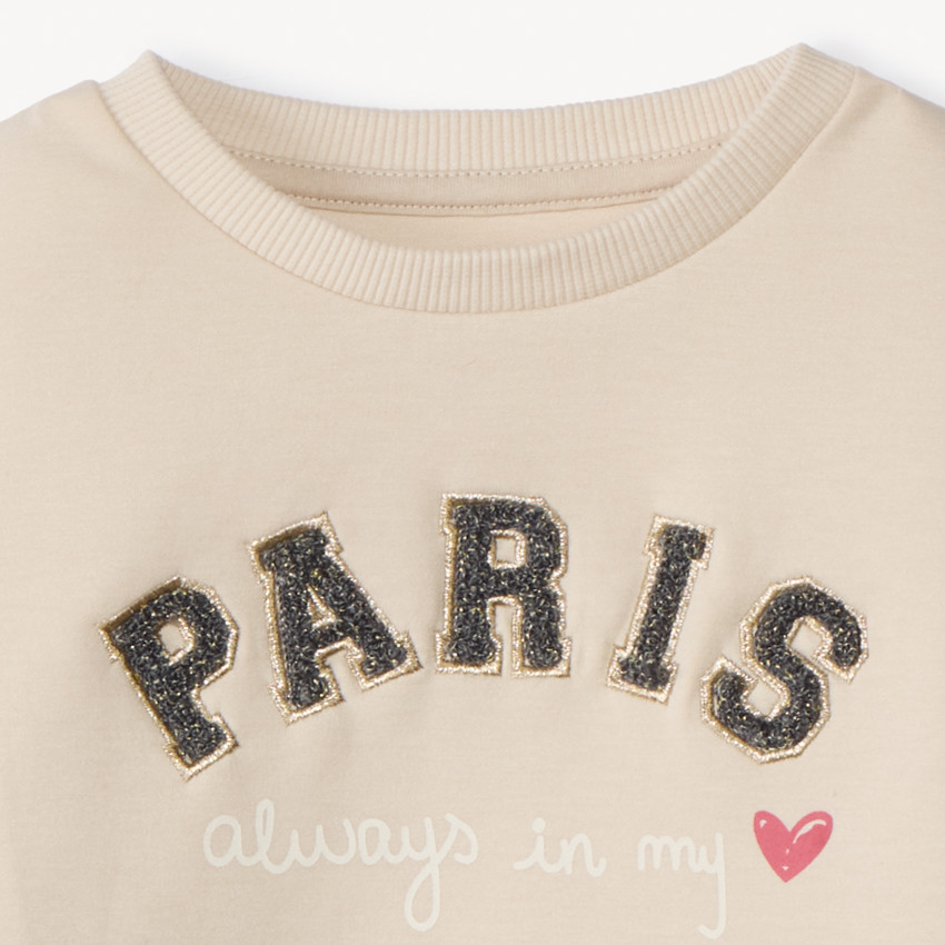 Sweatshirt in fleece effen beige met glitterborduursel voor meisjes 