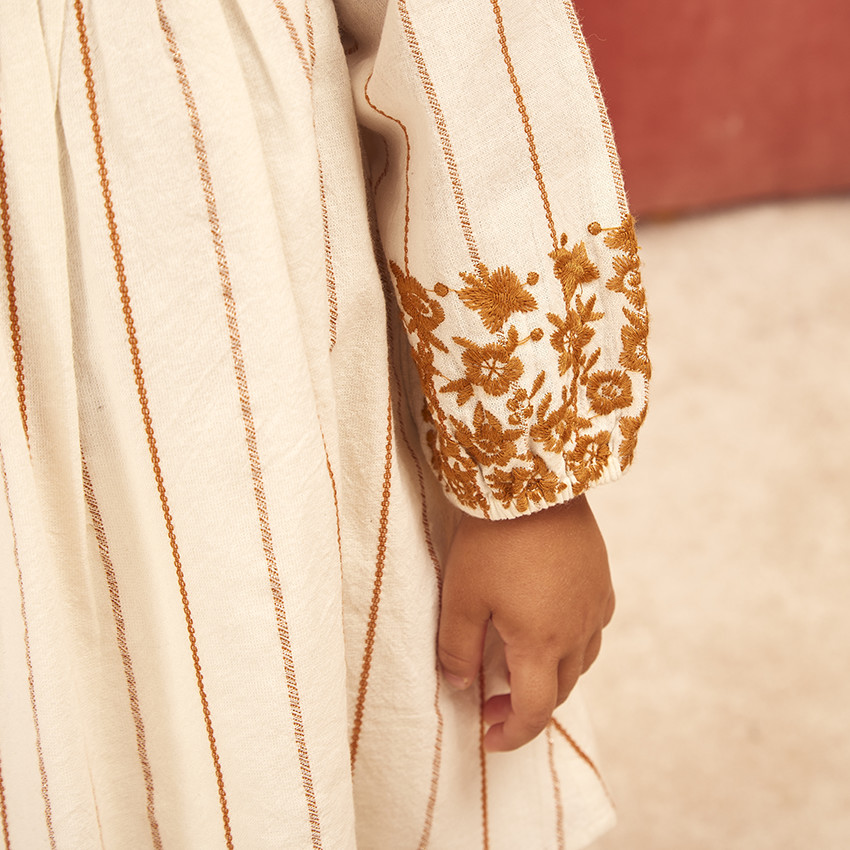 Robe manches longues à rayures brodées pour bébé fille 