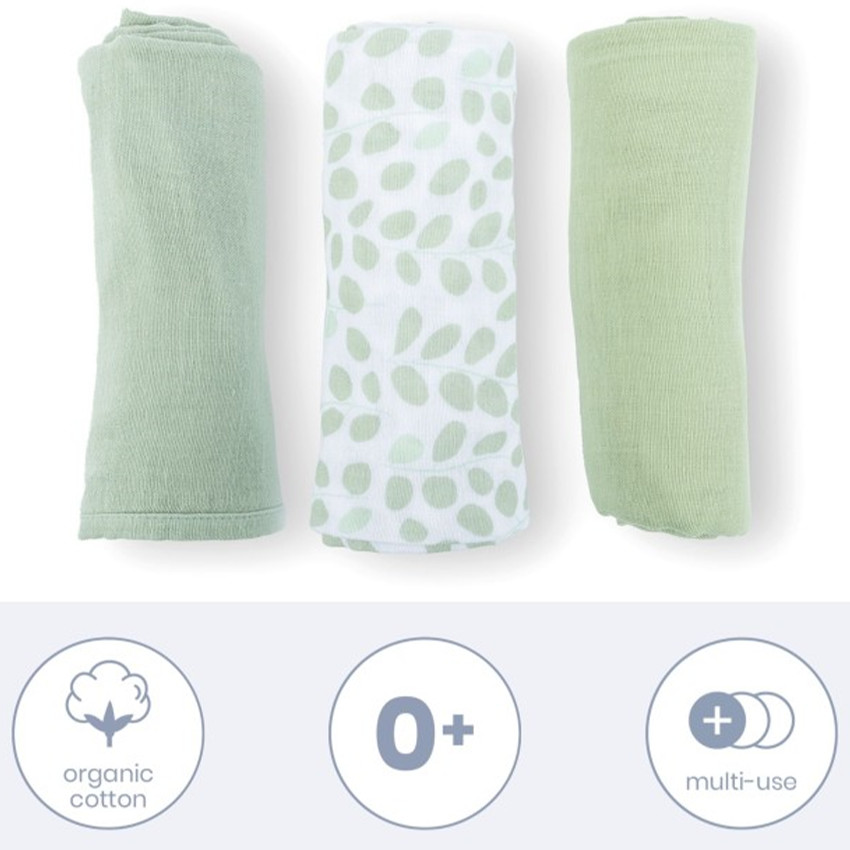 Lot de 3 langes tetra mousseline mini leaves green 