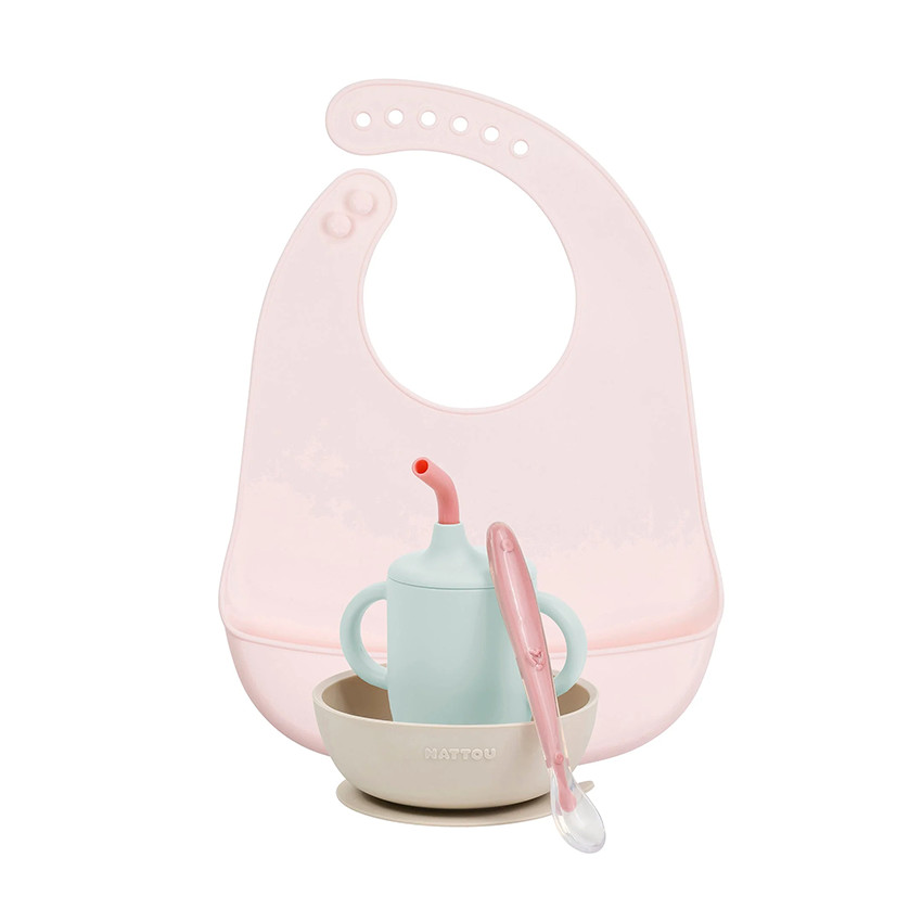 Set repas 4 pièces avec bavoir en silicone rose 