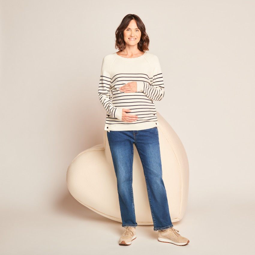 Pull d'allaitement en tricot rayé esprit marinière avec col fantaisie  