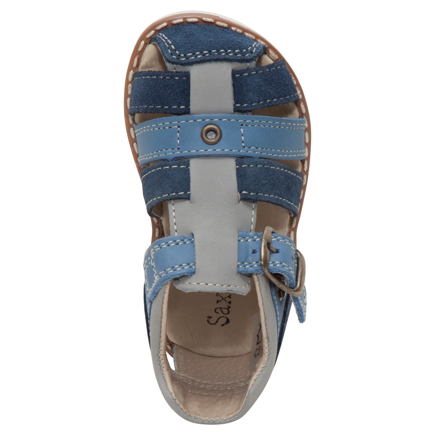 Blootvoets in leder met contrasterende banden 