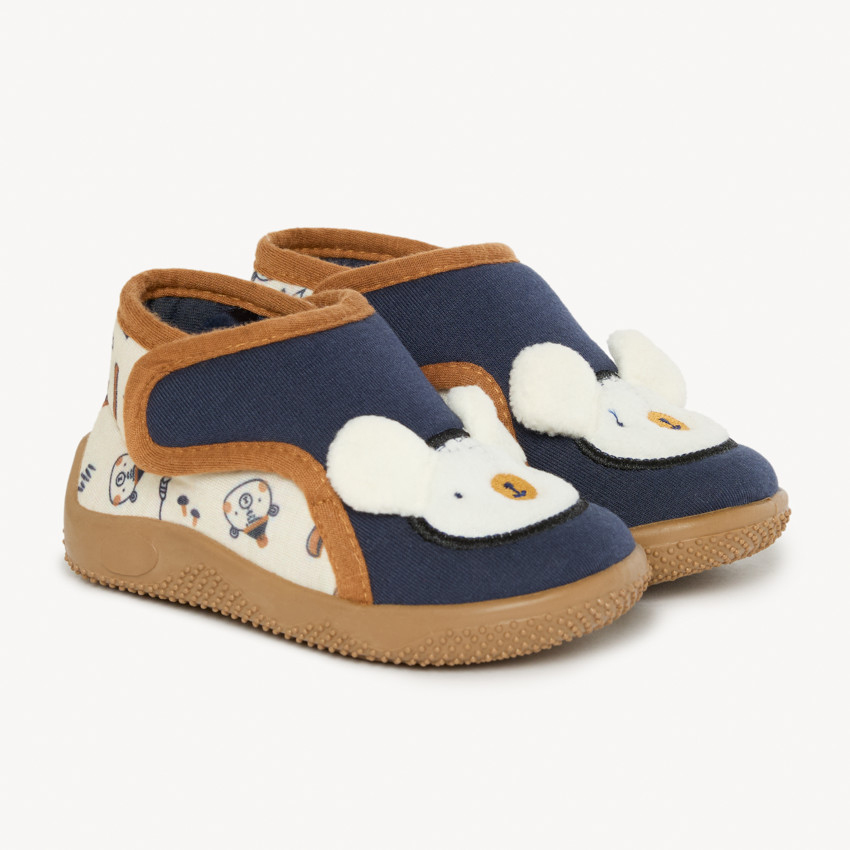 Pantoffels booties met geborduurd berenpatch en relieforen voor jongens 