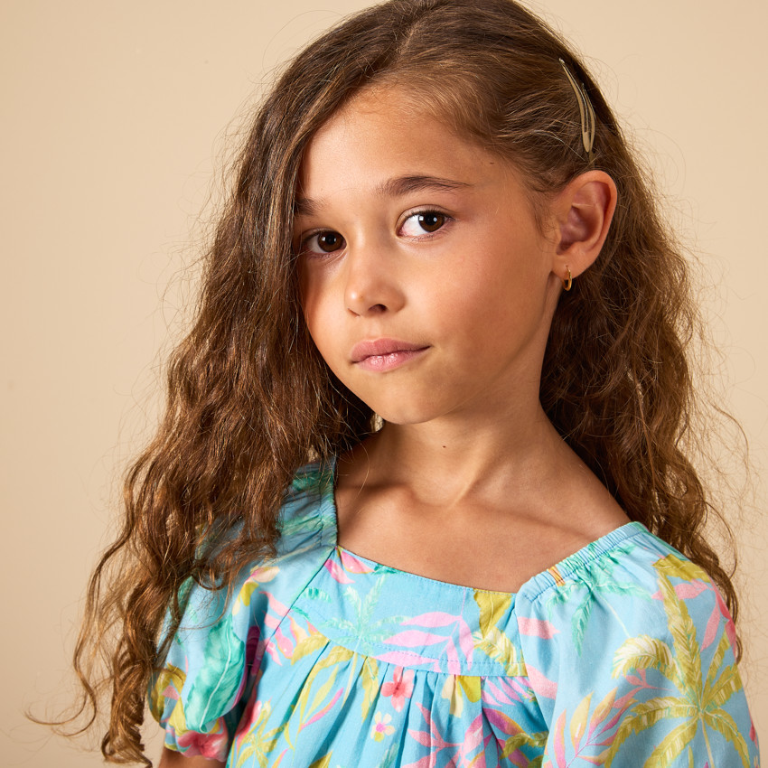 Robe manches courtes ballons imprimé exotique pour fille 