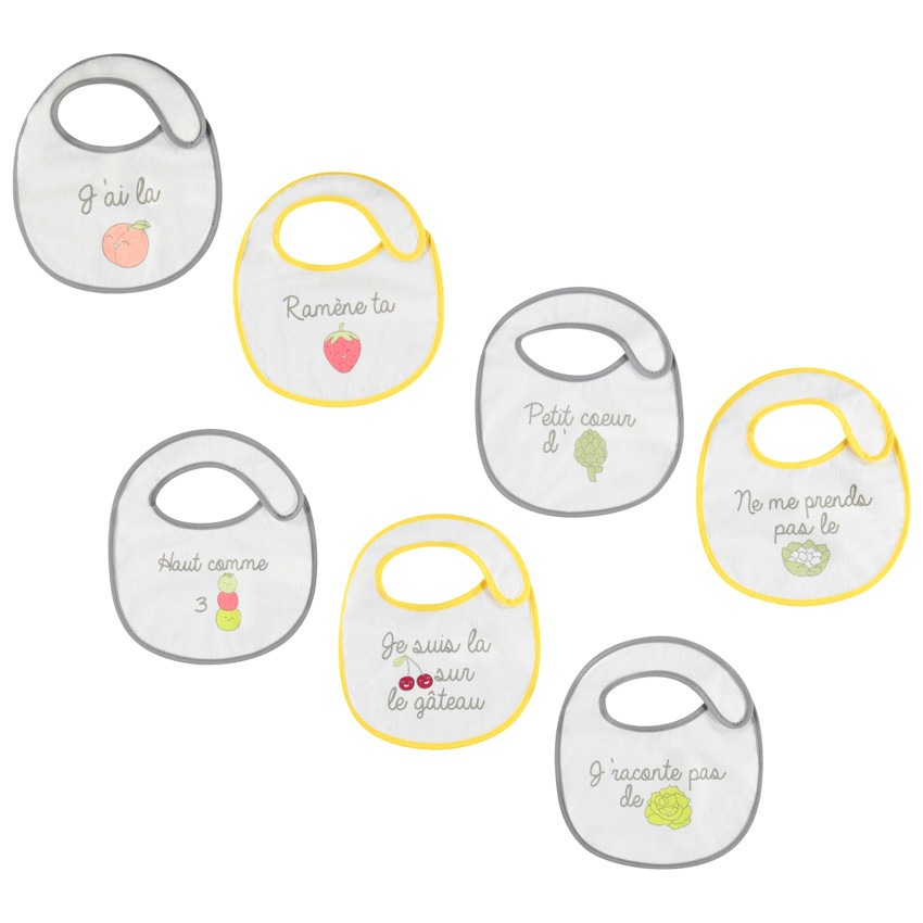 Lot de 7 bavoirs en éponge à message printés 