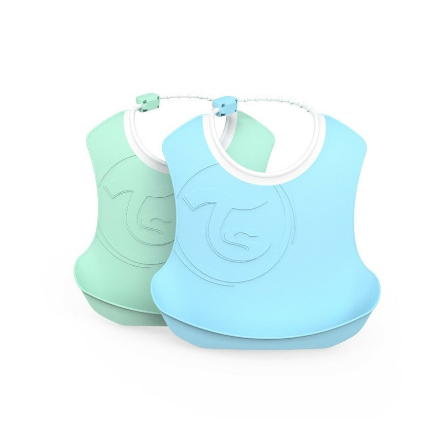 Set de 2 bavoirs avec poche récupératrice 4+ mois - Bleu/Vert Pastel  