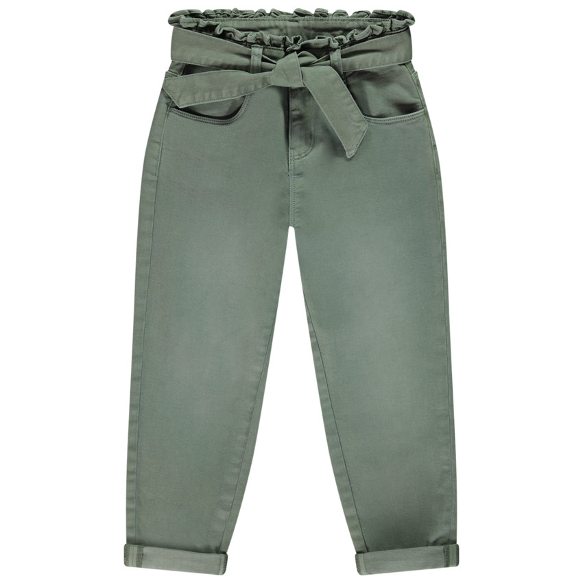 Jean uni vert effet denim avec ceinture à nouer pour fille 