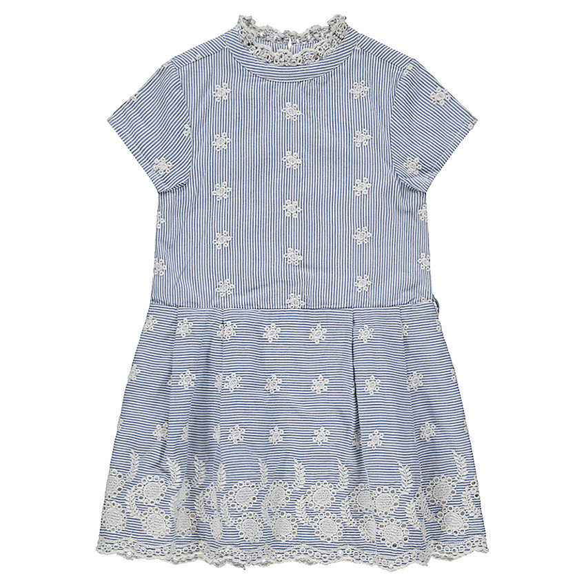 Jurk met korte mouwen, verticale strepen en geborduurde motieven 