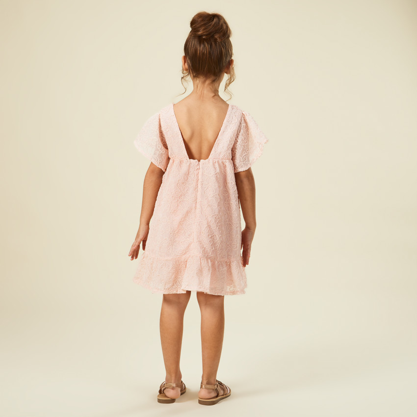 Robe manches courtes en crêpe et tulle avec motif floral en cording pour fille 