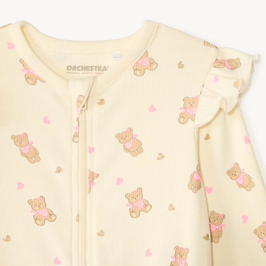 Donsbali in ribstof met rits en bedrukte teddybeer voor meisjes. 