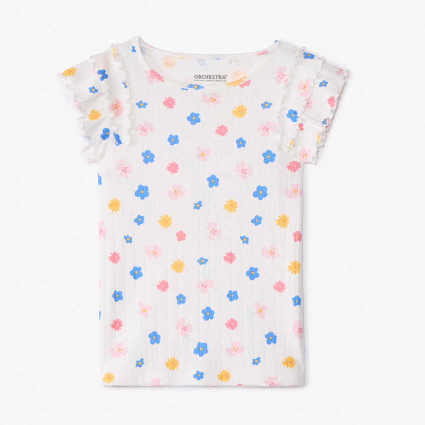 T-shirt manches courtes côtelé à imprimé fleurs pour fille 