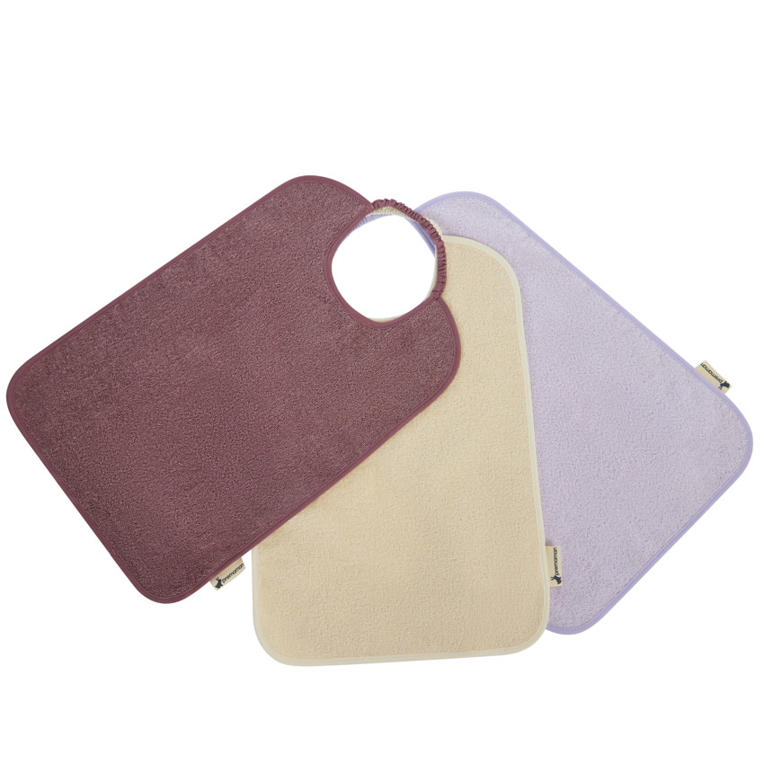 Set van 3 paarse slabbetjes van badstof met halslijn van elastiek 